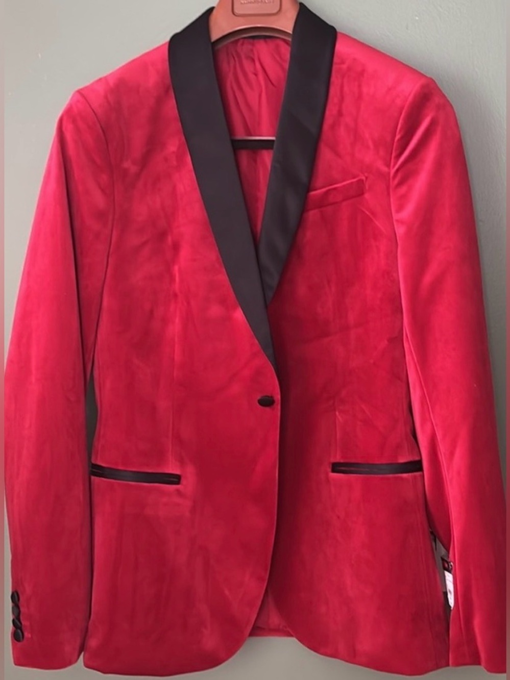 J Ferrar Red Velvet Shawl Collar Tuxedo Jacket with Black Trim